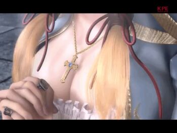 1girl 3d animated animated_gif blonde_hair breasts castlevania_(series) cleavage company_name cross closed_eyes female_focus hair_ribbon hood jewelry large_breasts long_hair magic pachislot_akumajou_dracula ponytail praying ribbon ring robe solo sypha_belnades twintails
