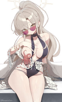 Rule 34 | 1girl, angel wings, artist name, aviator sunglasses, black one-piece swimsuit, blue archive, brown-tinted eyewear, convenient censoring, feathered wings, halo, hand on own chest, highres, keureu (tiqkdtiqkd10), long hair, looking at viewer, low wings, nagisa (blue archive), nagisa (swimsuit) (blue archive), octopus, official alternate costume, official alternate hairstyle, one-piece swimsuit, one breast out, ponytail, revision, sitting, sunglasses, swimsuit, tinted eyewear, white wings, wings