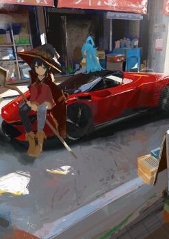 2girls absurdres aqua_(konosuba) bandaged_leg bandages bare_shoulders black_cloak black_hair black_hat black_thighhighs blue_hair boots brown_boots car cloak closed_mouth commentary_request detached_sleeves dress hat highres holding holding_staff kono_subarashii_sekai_ni_shukufuku_wo! koukouya long_hair long_sleeves megumin motor_vehicle multiple_girls red_dress red_eyes road single_thighhigh sitting sports_car staff street thighhighs witch_hat