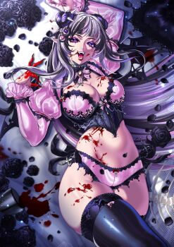 1girl arm_up bat_wings black_flower black_rose black_streaks black_thighhighs blood blood_on_breasts blood_on_face blood_on_hands breasts brooch commentary cowboy_shot crop_top crossed_legs double_bun ear_piercing english_commentary fangs fingernails flower gem hair_bun hair_ornament hair_sprinkles hand_up heart_hair_bun heterochromia highres indie_virtual_youtuber jewelry juliet_sleeves large_breasts long_fingernails long_hair long_sleeves looking_at_viewer lying maiulive midriff multicolored_hair on_back open_mouth panties piercing pink_eyes pink_panties pointy_ears puffy_sleeves purple_eyes purple_hair red_gemstone rose second-party_source smile solo spikes sprinkle_hershy sprinkles streaked_hair thighhighs torn_wings underwear vampire virtual_youtuber wings