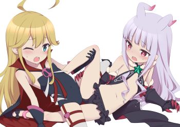 2girls ahoge antenna_hair bare_shoulders bikini black_bikini black_cape black_footwear black_gloves black_leotard black_panties black_skirt blonde_hair blue_eyes blush cape clawed_gauntlets commission commissioner_upload covered_navel crossover doronjo female_focus flat_chest gauntlets gloves grey_hair highres hoshimiya_kate kannazuki_genshi knee_up kodomo_doushi leaning_back leg_grab leopard_(yatterman) leotard loli long_hair lying microskirt multiple_girls navel on_back on_side one_eye_closed open_mouth panties red_cape red_eyes sekai_seifuku:_bouryaku_no_zvezda shoes simple_background skeb_commission skirt spread_legs strapless strapless_leotard swimsuit thigh_strap thighhighs thighs time_bokan_(series) trait_connection tribadism underwear venera-sama white_background white_thighhighs yatterman yoru_no_yatterman yuri