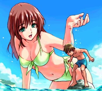 1boy 1girl :d bikini blue_male_swimwear blue_swim_trunks breasts brown_hair cleavage cloud day front-tie_top giant giantess green_bikini green_eyes gts hair_over_one_eye height_difference large_breasts long_hair male_swimwear navel ocean open_mouth original partially_submerged rock side-tie_bikini_bottom size_difference smile splashing swim_trunks swimsuit teston wet