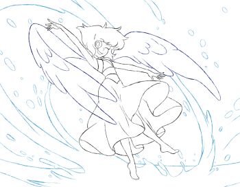 Rule 34 | 1girl, barefoot, commentary, crop top, full body, gem (steven universe), lapis lazuli (steven universe), lineart, long skirt, midriff, one eye closed, open mouth, outstretched arms, rb-gs, shirt, short hair, simple background, skirt, sleeveless, sleeveless shirt, smile, solo, splashing, spread arms, steven universe, water, water drop, white background, wings