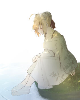 1girl 46isky21 ahoge bare_shoulders barefoot blonde_hair blush bow braid breasts closed_eyes closed_mouth commentary_request dress fate/extra fate_(series) full_body grass hair_between_eyes hair_bow hair_bun hand_on_own_knee highres long_sleeves medium_breasts nero_claudius_(fate) nero_claudius_(fate/extra) off-shoulder_dress off_shoulder outdoors puffy_long_sleeves puffy_sleeves red_bow river shadow short_hair sidelocks simple_background single_braid sitting smile solo water white_background white_dress