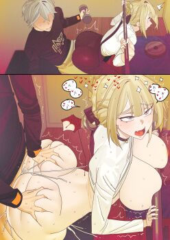 1boy 1girl ahegao ass blonde_hair blush breasts commentary_request cum cum_in_pussy cum_overflow doggystyle evelyn_chevalier exercising grabbing_another's_ass grey_hair groping heart highres huge_ass large_breasts sex sex_from_behind sexual_exercising ssoog weights wise_(zenless_zone_zero) zenless_zone_zero