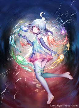 1girl black_gloves blue_dress blue_hair blue_thighhighs closed_mouth copyright_notice dqn_(dqnww) dress elbow_gloves gloves highres looking_at_viewer medium_hair official_art pink_shoes red_eyes shoes solo thighhighs wixoss