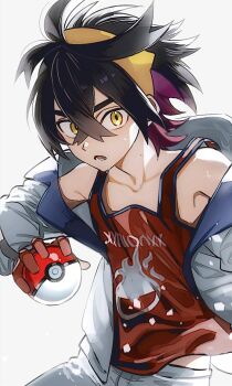 Rule 34 | 1boy, arm up, bare shoulders, black hair, collarbone, commentary request, cowboy shot, crossed bangs, gloves, highres, holding, holding poke ball, jacket, kieran (pokemon), league club uniform, looking at viewer, lower teeth only, male focus, multicolored hair, nintendo, open mouth, pants, poke ball, poke ball (basic), pokemon, pokemon sv, purple hair, red tank top, roh (user fctg7234), short hair, simple background, slit pupils, solo, sweat, tank top, teeth, white background, white jacket, white pants, yellow eyes