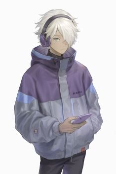 1boy black_pants black_shirt cellphone closed_mouth collared_jacket commentary_request dark-skinned_male dark_skin fujie_xy green_eyes hair_over_one_eye hand_in_pocket headphones highres holding holding_phone iphone jacket long_sleeves looking_at_viewer male_focus multicolored_jacket octopath_traveler octopath_traveler_i one_eye_covered pants parted_bangs phone popped_collar shirt simple_background smartphone solo standing therion_(octopath_traveler) turtleneck white_background white_hair