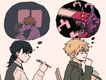 black_hair breasts chainsaw chainsaw_devil chainsaw_man collared_shirt couple denji_(chainsaw_man) hair_between_eyes hashtag-only_commentary hetero kiss long_hair meme mitaka_asa necktie open_mouth shirt short_hair simple_background speech_bubble teeth thought_bubble ueno_ganma white_background white_shirt