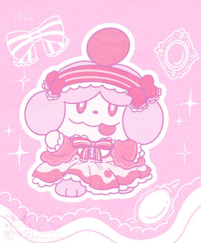 bow clothed_pokemon commentary_request dress full_body gen_6_pokemon highres hotoketto16 lolita_fashion nintendo no_humans outline pink_background pink_theme pokemon pokemon_(creature) pokemon_focus slurpuff smile solo tongue tongue_out white_dress white_outline