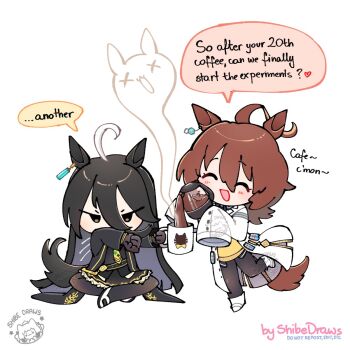 2girls agnes_tachyon_(tach-nology)_(umamusume) agnes_tachyon_(umamusume) ahoge animal_ears black_coat black_gloves black_hair black_pantyhose black_shirt black_skirt blush brown_hair chemical_structure chibi closed_eyes coat coffee coffee_mug coffee_pot collared_shirt commentary cork cup ear_tag earrings english_commentary english_text giving_up_the_ghost gloves hair_between_eyes highres holding holding_cup horse_ears horse_girl horse_tail huge_ahoge jewelry lab_coat long_bangs long_hair long_hair_between_eyes long_sleeves manhattan_cafe_(creeping_black)_(umamusume) manhattan_cafe_(umamusume) medium_hair mug multicolored_hair multiple_girls necktie open_mouth pantyhose pouring shibedraws shirt single_earring skirt sleeves_past_fingers sleeves_past_wrists smile speech_bubble steam sweater tail test_tube umamusume white_coat white_hair yellow_necktie yellow_sweater