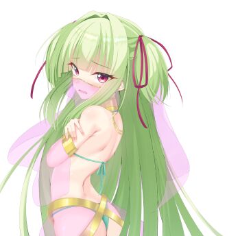 1girl \||/ absurdres alternate_costume arabian_clothes armpit_crease ass back bare_shoulders blunt_bangs blunt_ends blush commentary commission covering_breasts covering_privates cowboy_shot crossed_arms dancer earrings embarrassed eyelashes eyes_visible_through_hair fingernails from_behind furrowed_brow green_hair hair_intakes hair_ribbon highres hime_cut jewelry long_hair looking_at_viewer looking_back mouth_veil murasame_(senren) open_mouth pink_veil pixiv_commission red_eyes red_ribbon ribbon senren_banka sidelocks simple_background solo straight_hair tsurime two_side_up uoouchan veil very_long_hair wavy_mouth white_background