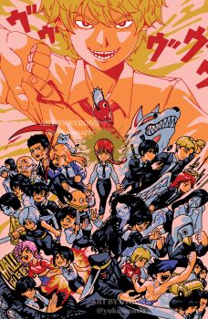 Rule 34 | absurdres, aldo (chainsaw man), angel devil (chainsaw man), angel wings, animal, animal on head, arm up, bald, beam (chainsaw man), black choker, black coat, black hair, black jacket, black necktie, black ribbon, black sclera, black shirt, black tank top, blonde hair, blue jacket, braid, braided ponytail, brain, burger, byronb, car, chainsaw, chainsaw man, choker, coat, collared shirt, colored sclera, cosmo (chainsaw man), crop top, dangling eye, denji (chainsaw man), double v, dual wielding, explosion, exposed brain, extra eyes, eyepatch, family burger mascot (chainsaw man), food, formal clothes, fox devil (chainsaw man), fox shadow puppet, futakuchi-onna, ghost devil (chainsaw man), grey hair, hair ornament, hairclip, halo, hat, hayakawa aki, hemokinesis, higashiyama kobeni, highres, himeno (chainsaw man), hirokazu arai (chainsaw man), holding, holding knife, holding scythe, holding weapon, horns, hybrid, jacket, joey (chainsaw man), katana, katana man (chainsaw man), kishibe (chainsaw man), knife, kobeni's car (chainsaw man), kurose yuutarou, kusakabe (chainsaw man), long (chainsaw man), long hair, looking at another, looking at viewer, looking to the side, makima (chainsaw man), mascot head, medium hair, messy hair, military hat, motor vehicle, multiple boys, multiple girls, necktie, octopus devil (chainsaw man), old, old man, on head, one eye closed, open mouth, orange theme, outstretched arm, pingtsi (chainsaw man), pink hair, plague doctor mask, pochita (chainsaw man), ponytail, power (chainsaw man), prehensile hair, princi (chainsaw man), quanxi (chainsaw man), red hair, red hood, red horns, red shirt, reze (chainsaw man), ribbon, ringed eyes, santa claus (chainsaw man), santa claus of germany (chainsaw man), sawatari akane (chainsaw man), scar, scar on face, scythe, sharp teeth, shirt, short hair, shorts, sidelocks, sleeveless, stitched face, stitches, suit, sweat, sweater, sword, tank top, teeth, tendou michiko, tentacles, tolka (chainsaw man), topknot, topless male, tsugihagi (chainsaw man), twitter username, unnamed eldest brother (chainsaw man), v, very long hair, violence fiend (chainsaw man), weapon, weapon on back, white hair, white hood, white jacket, white shirt, white wings, wings, yellow eyes, yellow theme, yoshida hirofumi