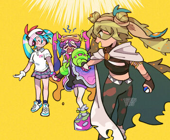 3girls ^_^ armlet artist_name beanie belt black_jumpsuit blonde_hair blue_hair brown_ribbon brown_shirt camouflage camouflage_legwear closed_eyes coat colored_inner_hair commentary crop_top double_bun english_commentary facing_another fang floating_hair frown furrowed_brow gloves goggles goggles_on_head gradient_coat great_ball green_hair green_sleeves grey_belt grey_cloak grey_skirt ground_miku_(project_voltage) hair_bun hair_over_one_eye hair_ribbon hat hatsune_miku headphones highres holding holding_hands holding_poke_ball hot jewelry jumpsuit l0verseyes leggings long_sleeves looking_at_another looking_back midriff multicolored_hair multiple_girls multiple_persona nintendo open_clothes open_coat open_mouth orange_hair pale_skin pink_coat pink_gloves pink_hair plaid_clothes plaid_skirt platform_footwear pleated_skirt poison_miku_(project_voltage) poke_ball pokemon polo_shirt project_voltage psychic_miku_(project_voltage) puffy_long_sleeves puffy_sleeves pulling purple_coat purple_hair raised_eyebrows red_ribbon ribbon shirt shoes short_jumpsuit short_sleeves simple_background single_glove skirt smile sneakers streaked_hair sunlight tan thick_eyebrows twintails vocaloid walking white_gloves white_shirt yellow_background