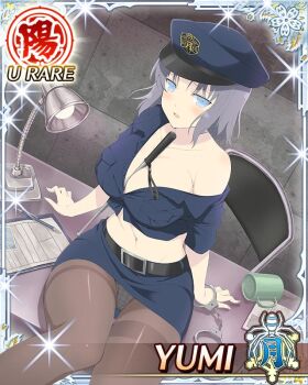 1girl :o baton_(weapon) black_pantyhose blue_eyes blue_shirt blue_skirt blush border breasts card_(medium) chair character_name cropped_shirt cuffs cup desk_lamp game_cg grey_hair handcuffs hat indoors lamp large_breasts looking_at_viewer medium_hair mug navel nervous official_art on_table panties panties_under_pantyhose pantyhose pencil_skirt police police_hat police_uniform policewoman senran_kagura senran_kagura_new_wave shirt single_off_shoulder sitting skindentation skirt solo table third-party_source underwear weapon weapon_between_breasts yumi_(senran_kagura)