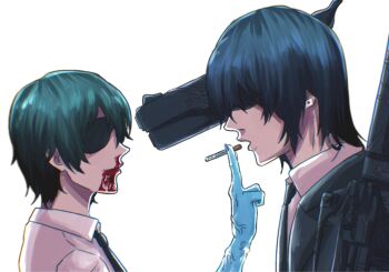 Rule 34 | 1boy, 1girl, black hair, blood, chainsaw man, cigarette, earrings, eyepatch, gun, gun devil (chainsaw man), hayakawa aki, highres, himeno (chainsaw man), holding, holding cigarette, jewelry, nosebleed, rinneko art, short hair, stud earrings, veins, weapon