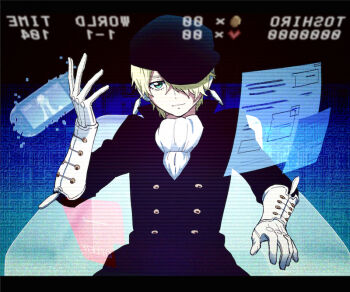 1boy black_coat black_hat bleach bleach:_sennen_kessen-hen blonde_hair coat commentary_request gloves green_eyes hair_over_one_eye handheld_game_console hat letterboxed male_focus nigatsumikka sitting smile solo upper_body white_gloves yukio_hans_vorarlberna
