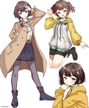 1girl alternate_costume alternate_hairstyle anya_melfissa anya_melfissa_(indonesian_casual) artkimori black_pantyhose black_shorts black_skirt blonde_hair blush brown_coat brown_hair coat commentary full_body hair_ornament highres hololive hololive_indonesia hood hoodie looking_at_viewer midair multicolored_hair official_alternate_costume official_alternate_hairstyle open_mouth pantyhose pencil_skirt purple_eyes short_hair shorts skirt standing streaked_hair twitter_username two_side_up v virtual_youtuber waving white_background