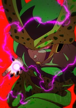 1boy cell_(dragon_ball) colored_skin commentary_request dragon_ball dragonball_z electricity energy_ball green_skin grey_skin highres male_focus purple_eyes red_background simple_background solo stktik09060906