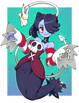 1girl bare_shoulders blue_hair blue_skin colored_skin detached_collar detached_sleeves hair_over_one_eye leviathan_(skullgirls) long_hair looking_at_viewer object_through_head qewie red_eyes side_ponytail skirt skull skullgirls smile squigly_(skullgirls) stitched_mouth stitches striped_clothes striped_sleeves yellow_eyes zombie