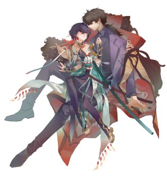 1boy 1other arm_guards belt black_hair black_shirt braid braided_bun cafun chest_harness coat collared_shirt earrings fate/grand_order fate/samurai_remnant fate_(series) feminization fishnet_gloves fishnets formal_clothes full_body fur-trimmed_coat fur_trim gloves grey_jacket grey_suit hair_bun harness highres jacket japanese_clothes jewelry lapels long_sleeves looking_at_another low_ponytail magatama magatama_earrings miyamoto_iori_(fate) miyamoto_iori_(celebratory_attire)_(fate) necktie notched_lapels official_alternate_hairstyle orange_eyes other_with_male overcoat partially_toeless_legwear ponytail sandals sheath sheathed shirt shoulder_guard sitting sitting_on_lap sitting_on_person suit unbuttoned_jacket white_belt white_necktie yamato_takeru_(fate) yamato_takeru_(phantasmal_dress)_(fate)