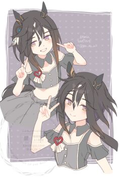 1girl animal_ears black_hair black_shirt blush breasts brown_eyes closed_mouth clothing_cutout cropped_shirt detached_collar ear_covers gradient_eyes grey_shirt grey_skirt grin hair_between_eyes horse_ears horse_girl horse_tail koruri long_hair meni_shuki_rush-sshu! midriff multicolored_eyes multicolored_hair open_mouth ponytail purple_eyes shirt shoulder_cutout skirt small_breasts smile solo stay_gold_(umamusume) streaked_hair tail umamusume v white_hair