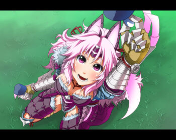 Rule 34 | armor, breasts, capcom, cleavage, fangs, from above, grass, looking up, monster hunter (series), mushroom, naolan, pink eyes, pink hair, stygian zinogre (armor), zinogre (armor)