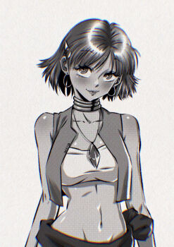 1girl arms_at_sides artist_name bandeau bare_shoulders belt bob_cut breasts closed_mouth collarbone commentary cropped_vest dated_commentary draw_this_in_your_style_challenge earrings english_commentary eyelashes flipped_hair fushigi_no_umi_no_nadia gem greyscale groin hair_ornament hairclip head_tilt hendry_roesly highres hoop_earrings jewelry lips looking_at_viewer medium_breasts midriff monochrome nadia_la_arwall navel neck_ring necklace open_clothes open_vest paper_texture pendant procreate_(medium) raised_eyebrows sadina_(tate_no_yuusha_no_nariagari) sash screentones shiny_skin short_hair signature sleeveless smile solo strapless toned toned_female tube_top upper_body upturned_eyes vest