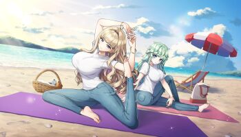 2girls barefoot beach beach_chair beach_towel blonde_hair blue_eyes bracelet breasts closed_mouth denim dolphin_wave earrings exercising game_cg grey_hair hair_intakes highres hoop_earrings huge_breasts jeans jewelry kirahoshi_kanna kishimen_hair large_breasts long_hair multiple_girls non-web_source ocean official_alternate_costume official_art ootomo_takuji pants selena_lewis shirt smile stretching sunrise t-shirt towel umbrella wavy_hair white_shirt