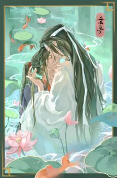 Rule 34 | 2boys, bishounen, black hair, black hanfu, border, chinese clothes, chinese commentary, chinese text, closed eyes, commentary request, couple, fia (fialoveice), fish, flower, hair ribbon, hand on another's chin, hand on another's shoulder, hanfu, headband, height difference, highres, holding another's hair, kiss, kissing forehead, koi, lake, lan wangji, leaf, lily pad, long hair, long sleeves, lotus, lotus leaf, lotus pod, male focus, modao zushi, multiple boys, outdoors, parted lips, partially submerged, pink flower, ponytail, ribbon, robe, sidelocks, smile, upper body, water, wei wuxian, white hanfu, white headband, wide sleeves, yaoi