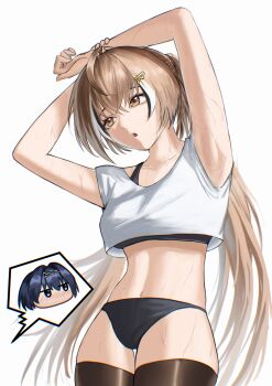 Rule 34 | 2girls, absurdres, arms up, black panties, black sports bra, black streaks, black thighhighs, brown eyes, brown hair, cropped shirt, highres, hololive, hololive english, long hair, multiple girls, nanashi mumei, navel, ouro kronii, panties, reendhw, shirt, spoken character, sports bra, sweat, thighhighs, underwear, very sweaty, virtual youtuber, white shirt, white streaks