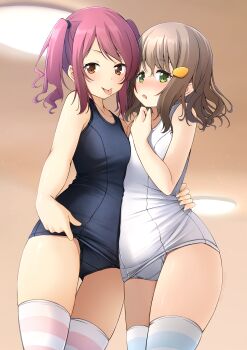 2girls absurdres blue_one-piece_swimsuit blue_thighhighs blush breasts brown_eyes brown_hair closed_mouth commentary_request green_eyes hair_ornament highres multiple_girls old_school_swimsuit one-piece_swimsuit open_mouth original pink_thighhighs purple_hair school_swimsuit shibacha small_breasts striped_clothes striped_thighhighs swimsuit thighhighs tongue tongue_out twintails white_one-piece_swimsuit