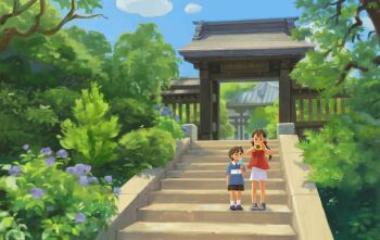 1boy 1girl black_shorts blue_shirt blue_sky bow camera child day food gate hair_bow highres holding holding_camera nao_(marley) original outdoors parted_hair popsicle red_shirt scenery shirt shorts shrine sky stairs standing tree twintails white_shorts