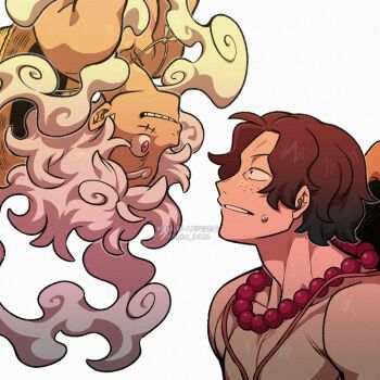 Rule 34 | 2boys, absurdres, artist name, bead necklace, beads, black hair, cloud hair, collarbone, commentary, curly eyebrows, eye contact, facial scar, freckles, gear fifth, grin, hat, hat on back, highres, jewelry, kageimo, looking at another, male focus, monkey d. luffy, multiple boys, necklace, one piece, parted bangs, parted lips, pectorals, portgas d. ace, profile, red eyes, scar, scar on cheek, scar on face, short hair, simple background, smile, straw hat, sweatdrop, symbol-only commentary, teeth, topless male, twitter username, upper body, watermark, white background, white hair, wide-eyed