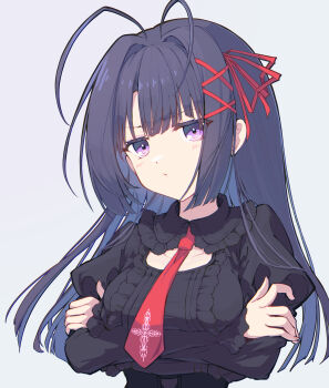 1girl antenna_hair black_corset black_hair breasts center_frills coffee1223 commentary_request corset dot_nose frilled_shirt frilled_shirt_collar frilled_sleeves frills hair_between_eyes hair_ornament highres juliet_sleeves light_blush long_hair long_sleeves looking_at_viewer medium_breasts necktie ookura_risona puffy_sleeves purple_eyes red_necktie red_ribbon ribbon shirt sidelocks simple_background solo tsuki_ni_yorisou_otome_no_sahou upper_body white_background x_hair_ornament