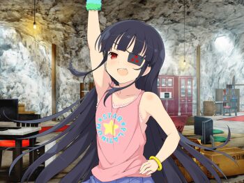 1girl arm_up armpit_crease bangle black_hair blue_skirt blush bookshelf box bracelet breasts cabinet cardboard_box cave chair collarbone computer eyepatch fang hanging_light jewelry jojifuku laptop light_bulb long_hair looking_at_viewer mirai_(senran_kagura) official_art open_mouth pink_tank_top pleated_skirt red_eyes scrunchie senran_kagura senran_kagura_new_link senran_kagura_shoujo-tachi_no_shin'ei skirt small_breasts solo star_(symbol) table tank_top tomoe_(symbol) wrist_scrunchie yaegashi_nan