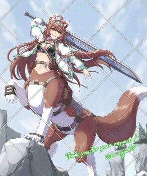 1girl ahoge animal_ears arm_up awaiyuhi belt belt_pouch black_sports_bra breasts brown_belt brown_fur brown_hair centauroid choker claws cleavage closed_mouth cloud cloudy_sky collarbone commentary_request commission crossed_bangs day fox_ears fox_girl fox_tail green_eyes hair_between_eyes hairband harness holding holding_sword holding_weapon huge_weapon jacket large_tail long_hair long_sleeves medium_breasts midriff monster_girl multiple_legs navel open_clothes open_jacket original outdoors pouch puffy_long_sleeves puffy_sleeves saddle sidelocks skeb_commission sky smile snow solo sports_bra standing standing_on_three_legs sword tail taur tree twitter_username two-tone_fur variant_set water waterfall watermark watermark_grid weapon white_fur white_hairband white_jacket winter