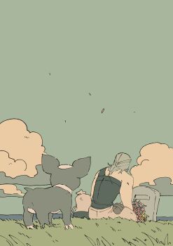 bad_id bad_pixiv_id boston_terrier cloud dog flattop flower from_behind ghost grass highres iggy_(jojo) jean_pierre_polnareff jojo_no_kimyou_na_bouken mashita._(mentaiko_omoti) pouch sherry_polnareff silver_hair single_strap sitting solo stardust_crusaders tombstone