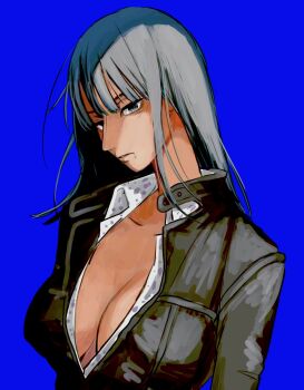 1girl black_hair breasts commentary_request dark-skinned_female dark_skin highres huge_breasts inui_(tjb_e0) jacket large_breasts leather leather_jacket long_hair nico_robin one_piece open_clothes open_jacket open_shirt solo