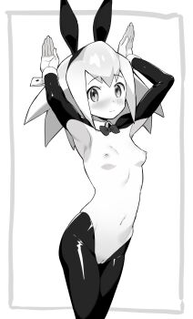 1girl animal_ears armpits biggumane black_pantyhose blush breasts cameltoe cleft_of_venus cropped_jacket fake_animal_ears greyscale highres latex latex_legwear long_hair long_sleeves looking_at_viewer mega_man_(series) mega_man_legends_(series) monochrome navel nipples pantyhose playboy_bunny pussy rabbit_ears revealing_clothes reverse_bunnysuit reverse_outfit roll_caskett_(mega_man) shrug_(clothing) simple_background solo wrist_cuffs