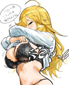 1girl ahoge black_bra black_panties blonde_hair bra breasts clothes_lift from_side green_eyes highres hoshii_miki idolmaster idolmaster_(classic) large_breasts lifting_own_clothes long_hair looking_at_viewer panties revision shirt shirt_lift simple_background solo speech_bubble translation_request underwear upper_body white_background white_shirt zenoo