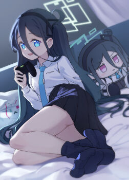 1girl :< absurdly_long_hair aqua_halo aris_(blue_archive) bed bed_sheet black_hair black_hairband black_skirt black_socks blue_archive blue_eyes blue_necktie blurry blurry_background blush collared_shirt commentary controller crossed_ankles curtains feet foot_focus full_body game_controller hair_between_eyes hairband halo highres holding holding_controller holding_game_controller indoors kei_(blue_archive) legs loli long_hair long_hair_between_eyes long_sleeves looking_at_viewer lying necktie no_shoes on_bed one_side_up open_mouth pillow pink_eyes pleated_skirt rectangular_halo ringed_eyes shirt side_ponytail skirt smile socks soles solo stuffed_toy thighs toes very_long_hair white_shirt yuuri_99530