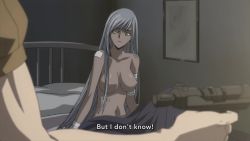 1girl animated anime_screenshot bandaged_arm bandages bed bouncing_breasts breasts code_geass collarbone dark-skinned_female dark_skin embarrassed ghost_nipples highres large_breasts long_hair navel nipples no_bra nude on_bed silver_hair sound stomach subtitled topless_female video villetta_nu villetta_nu_(amnesia) yellow_eyes