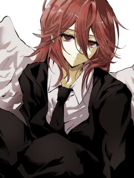 1boy androgynous angel_devil_(chainsaw_man) angel_wings black_jacket black_necktie black_pants black_suit chainsaw_man closed_mouth formal_clothes highres jacket long_hair looking_at_viewer male_focus necktie pants red_eyes red_hair shirt sitting solo suit suit_jacket takanashi_(takanya_shi) white_background white_shirt white_wings wings