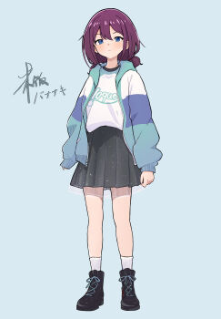 1girl black_shoes black_skirt blue_background blue_eyes brown_hair commentary_request full_body girls_band_cry gohannanaki highres iseri_nina jacket looking_at_viewer low_twintails medium_hair multicolored_jacket open_clothes open_jacket shirt shoes short_twintails simple_background skirt sleeves_past_wrists socks solo twintails variant_set white_shirt white_socks