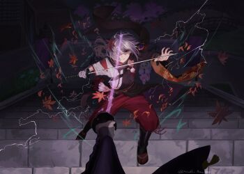 1boy 1girl absurdres angry arms_up attack autumn_leaves bandaged_hand bandages black_boots blocking boots bridal_gauntlets bridge clash closed_mouth commentary_request duel electricity faceless faceless_female female_pov fighting fighting_stance friends from_above full_body genshin_impact glowing glowing_sword glowing_weapon grey_hair highres holding holding_sword holding_weapon japanese_clothes jewelry kaedehara_kazuha katana kimono leaf looking_at_viewer looking_up low_ponytail maple_leaf multicolored_hair musou_isshin_(genshin_impact) night outdoors pants pendant ponytail pov pov_hands power-up powering_up protecting purple_eyes raiden_shogun red_pants red_scarf scarf shade shaded_face shadow short_sleeves sparks spoilers standing streaked_hair sweatdrop sword tanyu_8 vs weapon wide_sleeves wind worried