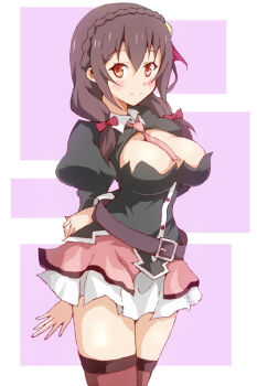1girl arms_behind_back between_breasts black_shirt blush braid breasts brown_hair crown_braid hair_ornament k2_(skt5005) kono_subarashii_sekai_ni_shukufuku_wo! large_breasts long_hair long_sleeves looking_at_viewer low_twintails necktie necktie_between_breasts pink_necktie pink_skirt purple_background red_eyes shirt simple_background skirt smile solo square twintails white_background yunyun_(konosuba)