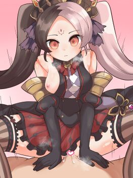 1girl bare_shoulders breasts chaos_dorloto_(grimms_notes) closed_mouth cowgirl_position doll_joints expressionless girl_on_top grimms_notes highres joints looking_at_viewer nihaikanrisyoku nipples pink_background solo straddling