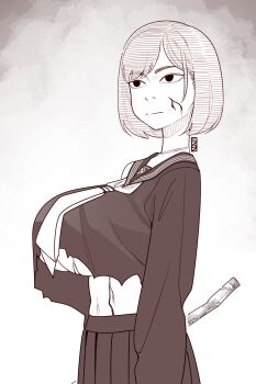 1girl artist_name blood breasts expressionless highres konami large_breasts legs midriff monochrome navel no_bra school_uniform shimizu_hinako short_hair sketch skirt solo thighs torn_clothes weapon
