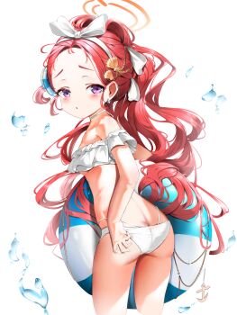 1girl absurdres adjusting_clothes adjusting_swimsuit alternate_costume anchor anchor_earrings ass bare_shoulders bikini blue_archive blush bow bow_hairband breasts butt_crack chain choker collarbone commentary cropped_legs earrings forehead frilled_bikini frills from_behind gold_chain hair_ornament hair_ribbon hairband halo highres holding holding_swim_ring innertube innertube_hair_ornament jewelry long_hair looking_at_viewer looking_back off-shoulder_bikini off_shoulder one_side_up orange_halo parted_lips ponytail power_symbol purple_eyes red_hair ribbon ribbon_choker sandia79504 shell shell_hair_ornament silver_earrings simple_background small_breasts solo swim_ring swimsuit turning_head very_long_hair water_drop white_background white_bikini white_bow white_choker white_hairband white_ribbon yuzu_(blue_archive)